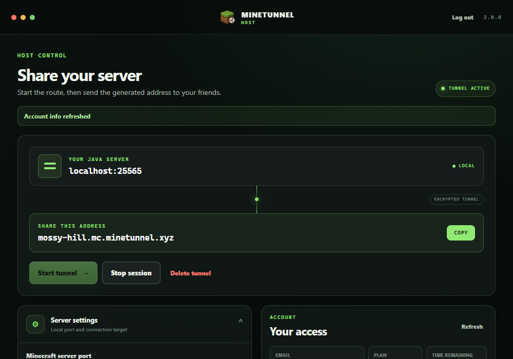 MineTunnel Host dashboard showing an active tunnel and the public share address